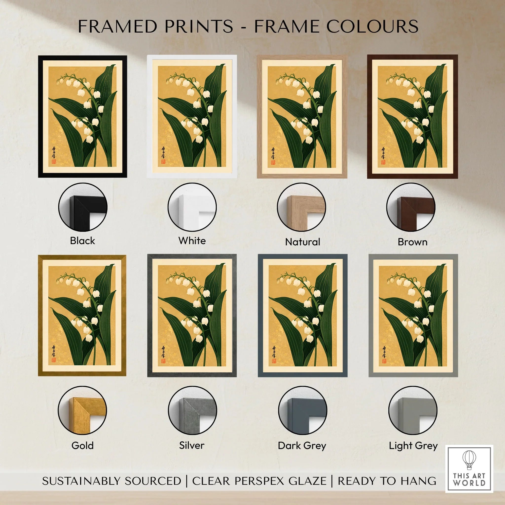 Lily of the Valley Print – Gold Japanese Botanical Wall Art — framed print colour options
