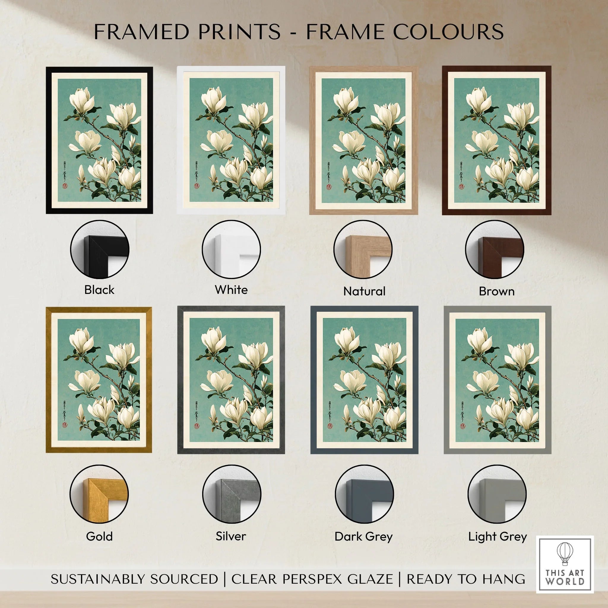 Magnolia Art Print – Blue Japanese Botanical Wall Art — framed print colour options