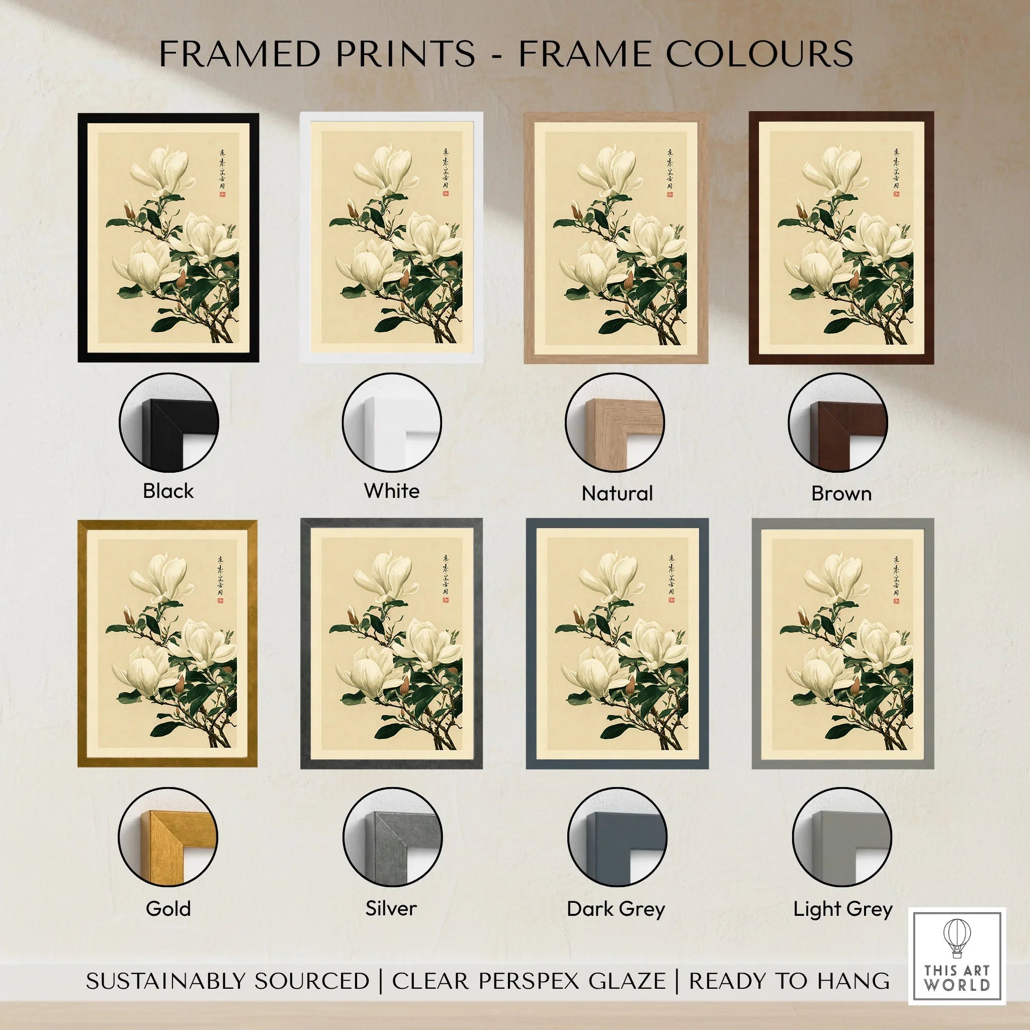 Magnolia Wall Art – Vintage Japanese Botanical Print — framed print colour options