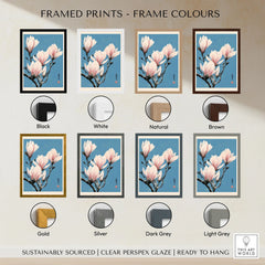 Pink Magnolia Art Print – Blue Japanese Botanical Wall Art — framed print colour options