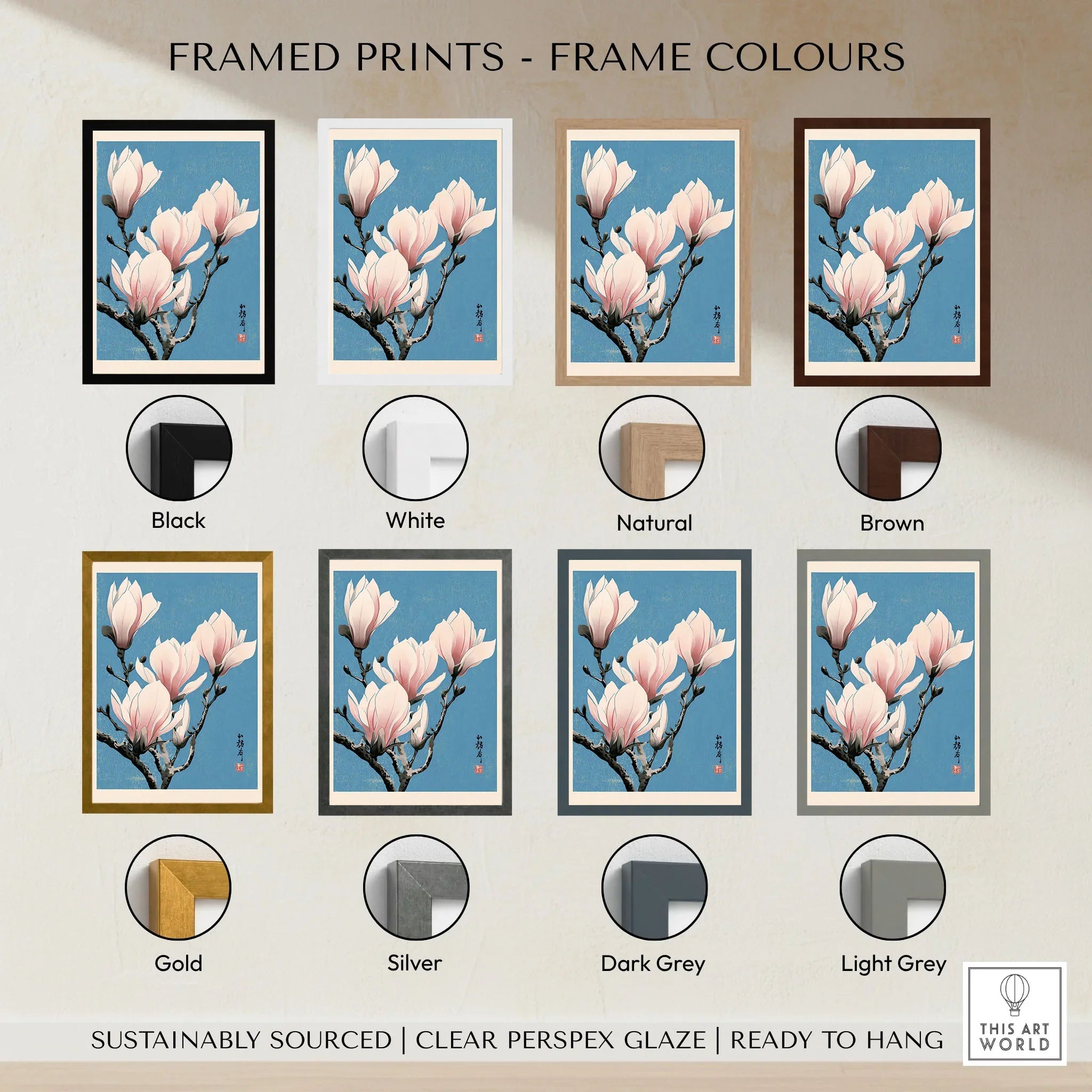 Pink Magnolia Art Print – Blue Japanese Botanical Wall Art — framed print colour options