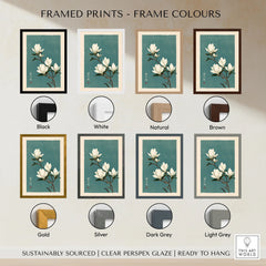 White Magnolia Art Print – Teal Japanese Botanical Wall Art — framed print colour options