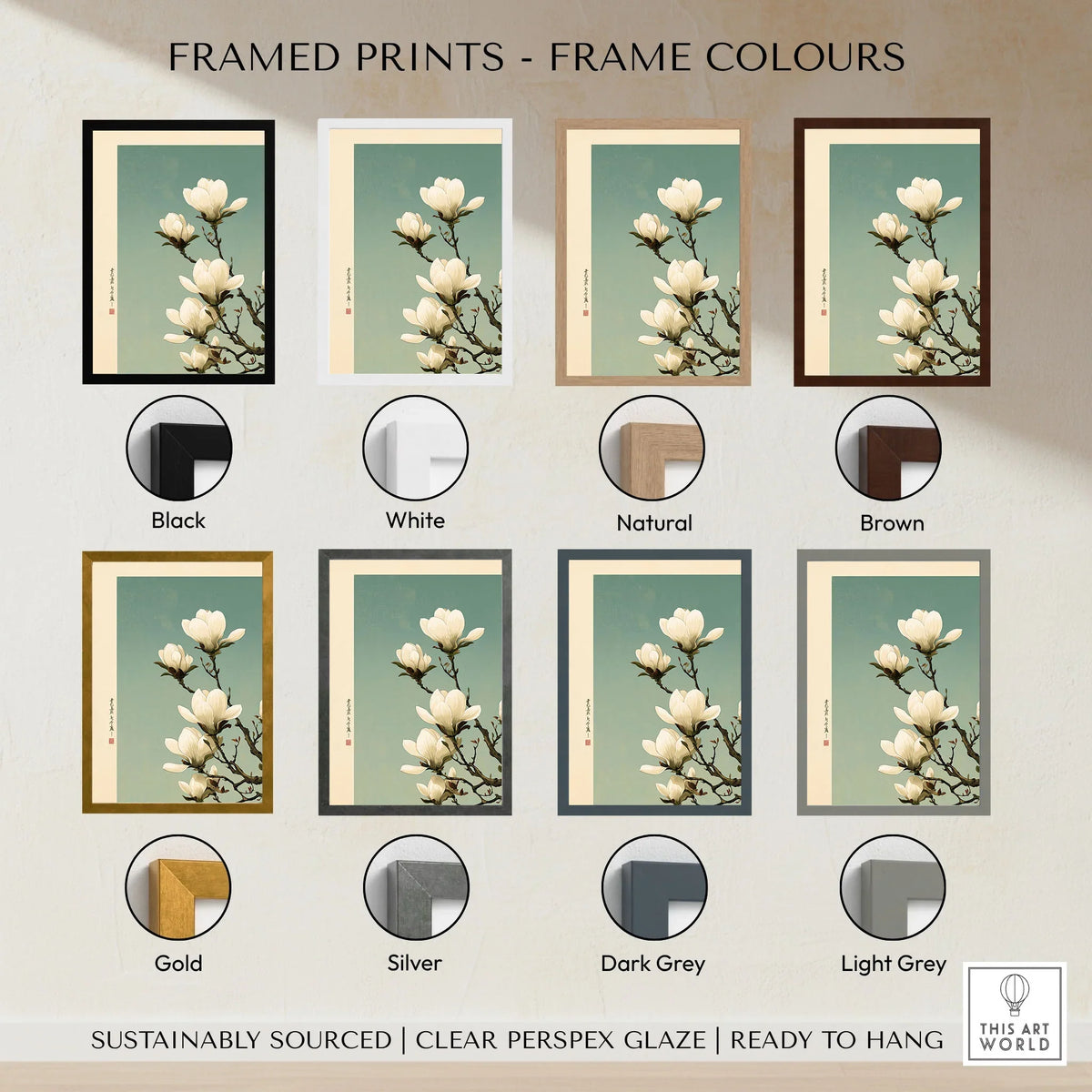 Magnolia Blossom Art Print – Soft Japanese Botanical Wall Art — framed print colour options