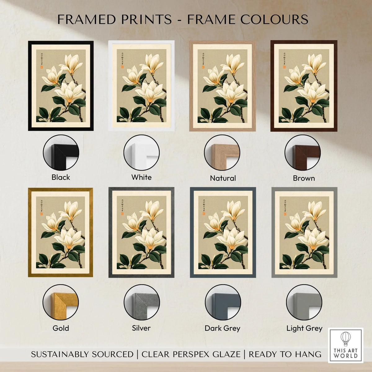 Magnolia Flower Wall Art – Neutral Japanese Botanical Print — framed print colour options