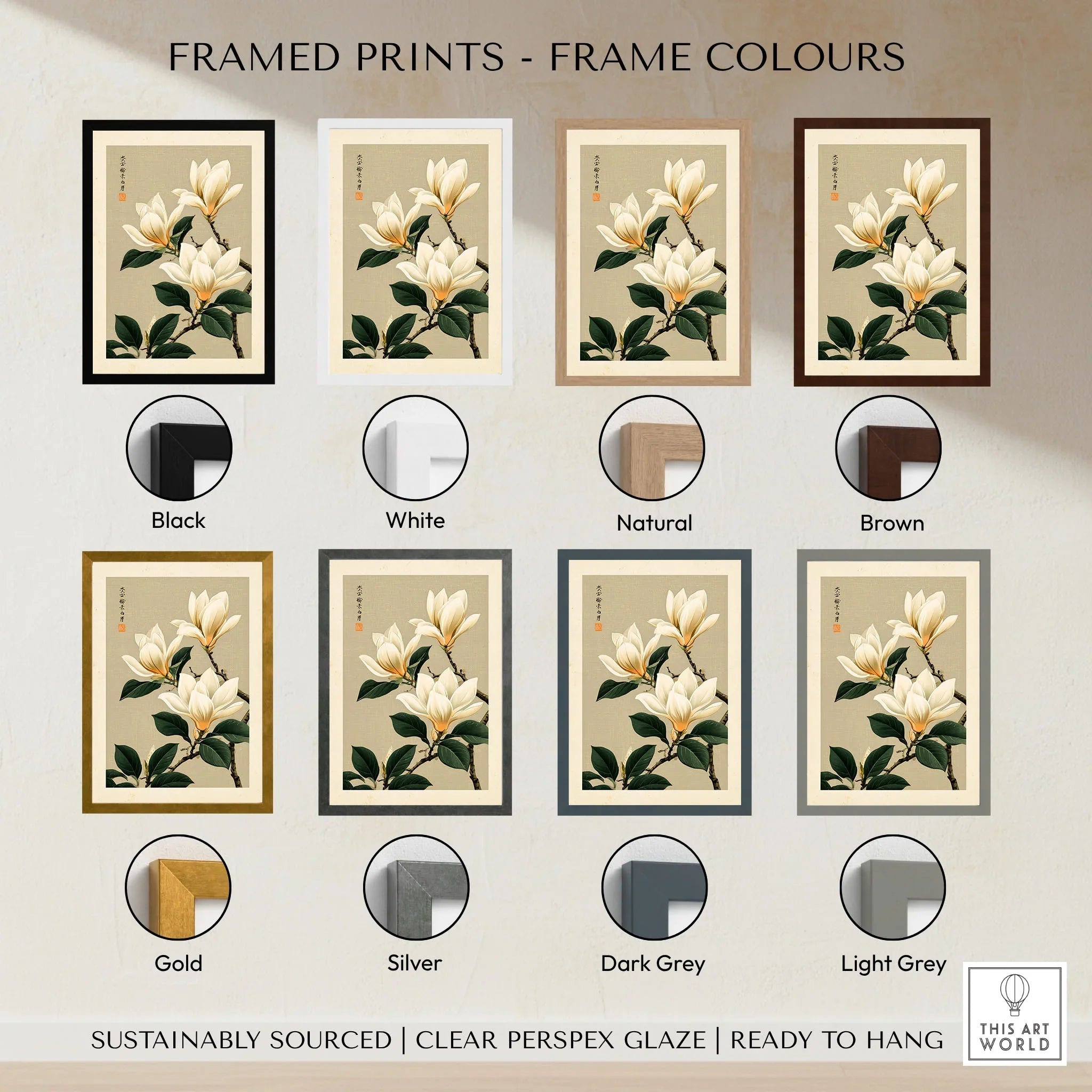 Magnolia Flower Wall Art – Neutral Japanese Botanical Print — framed print colour options