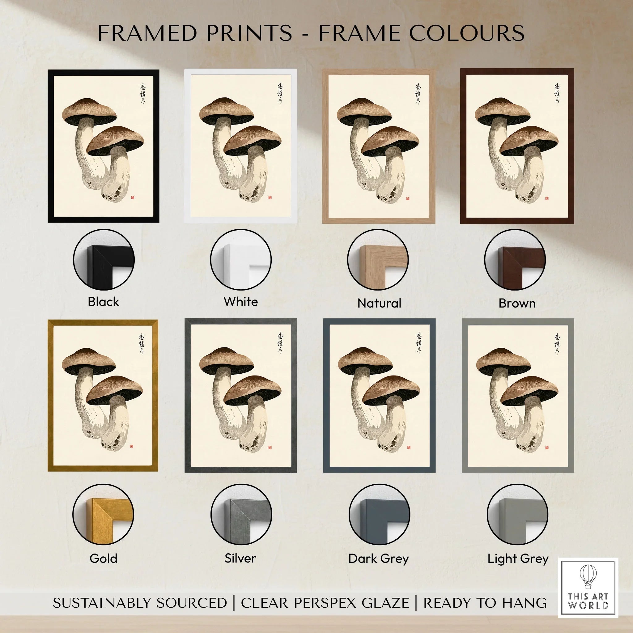 Mushroom Art Print – Vintage Japanese Botanical Wall Art — framed print colour options