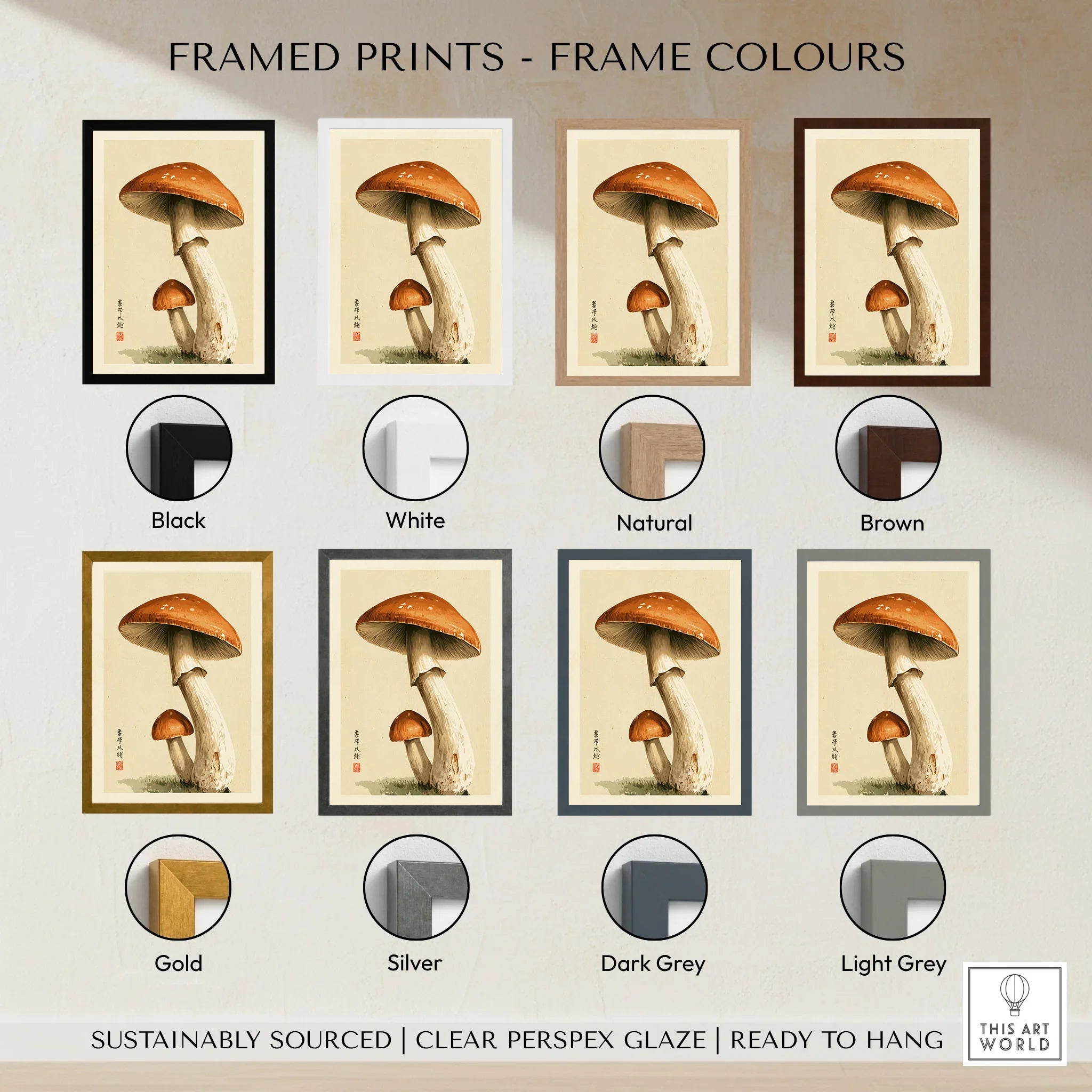Mushroom Wall Art – Vintage Japanese Woodland Print — framed print colour options