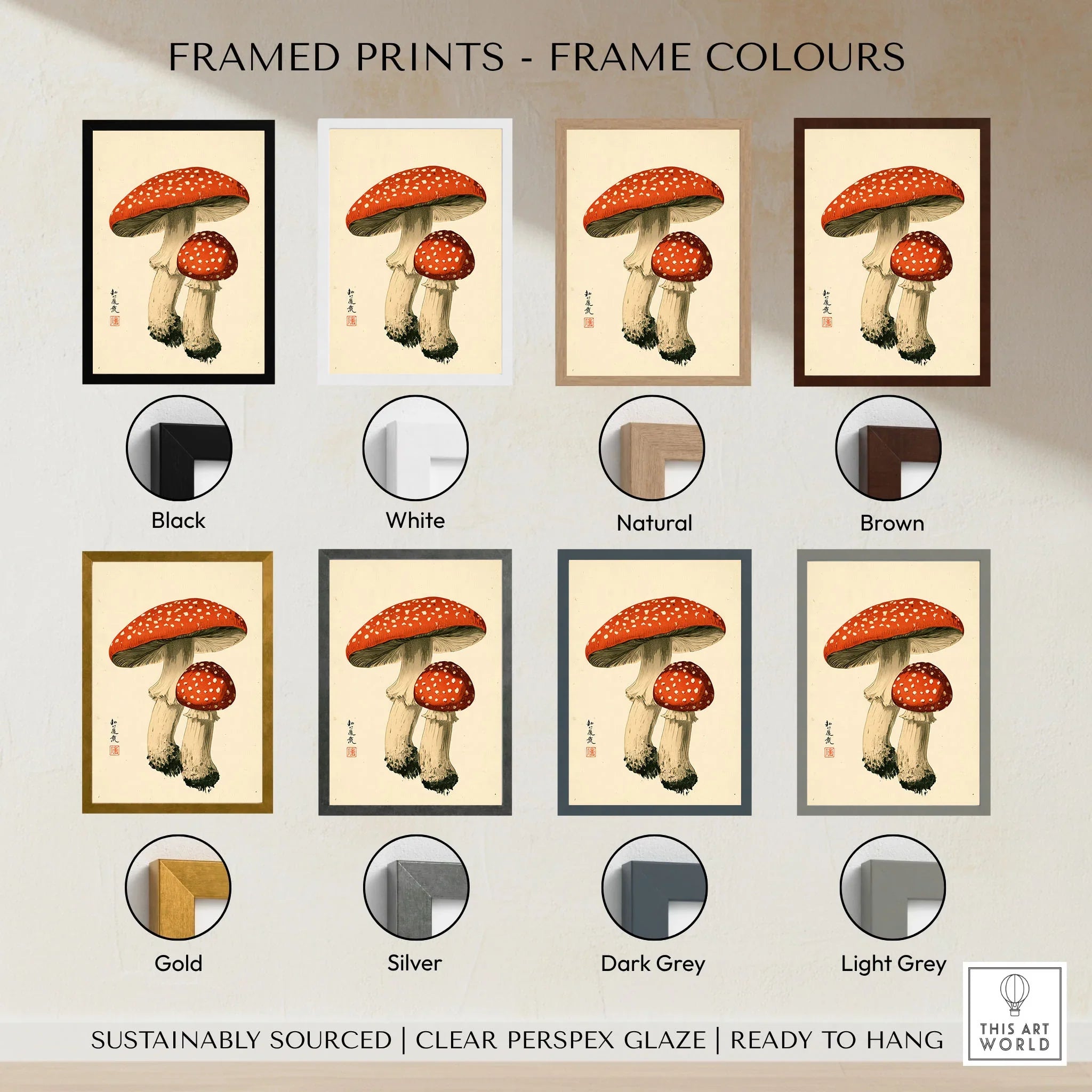 Fly Agaric Mushroom Art Print – Red Japanese Wall Art — framed print colour options