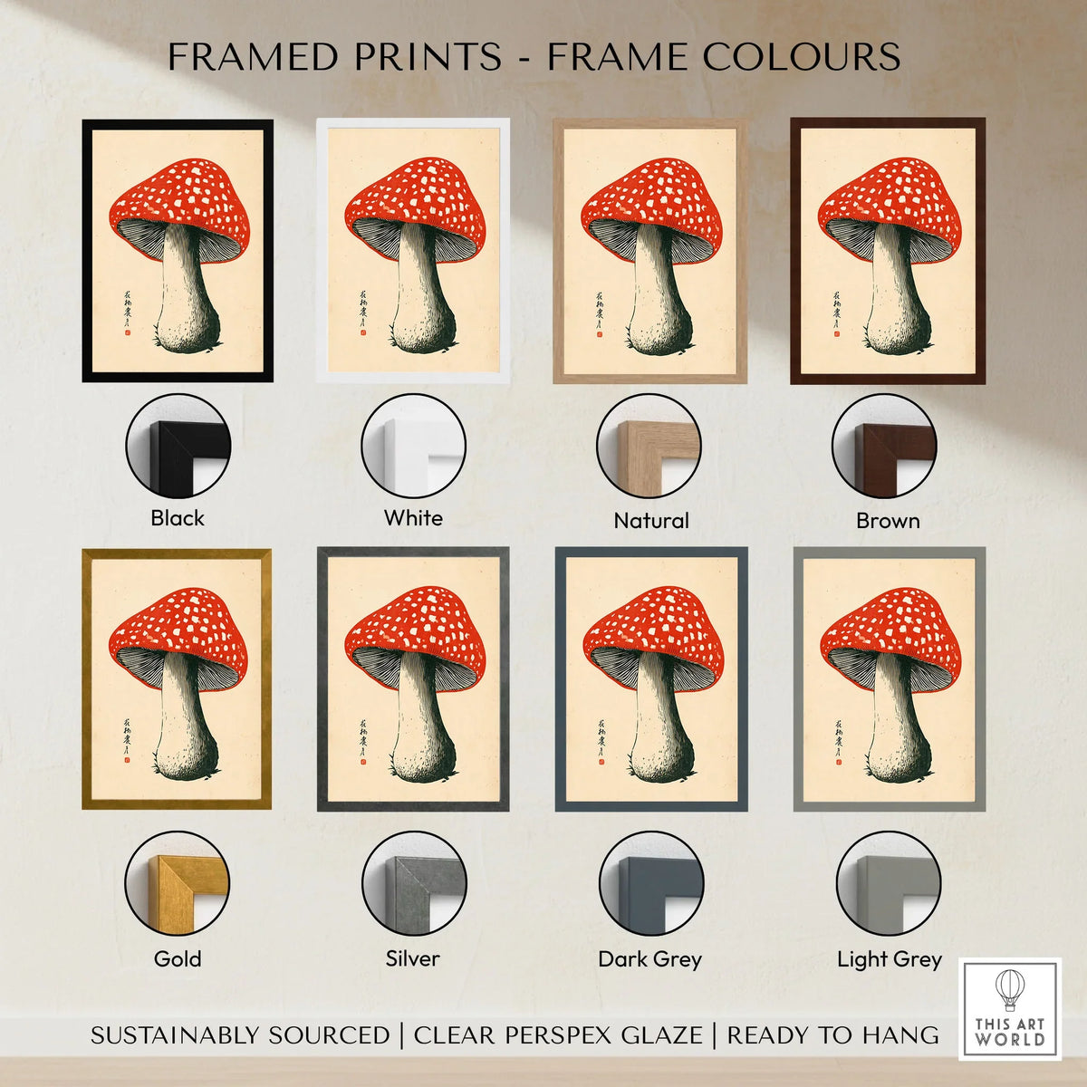 Red Mushroom Art Print – Japanese Woodblock Wall Art — framed print colour options