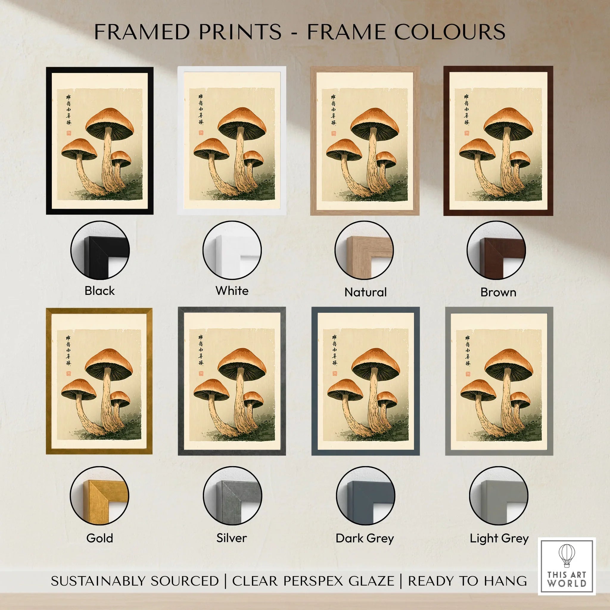 Mushroom Print – Japanese Forest Botanical Wall Art — framed print colour options