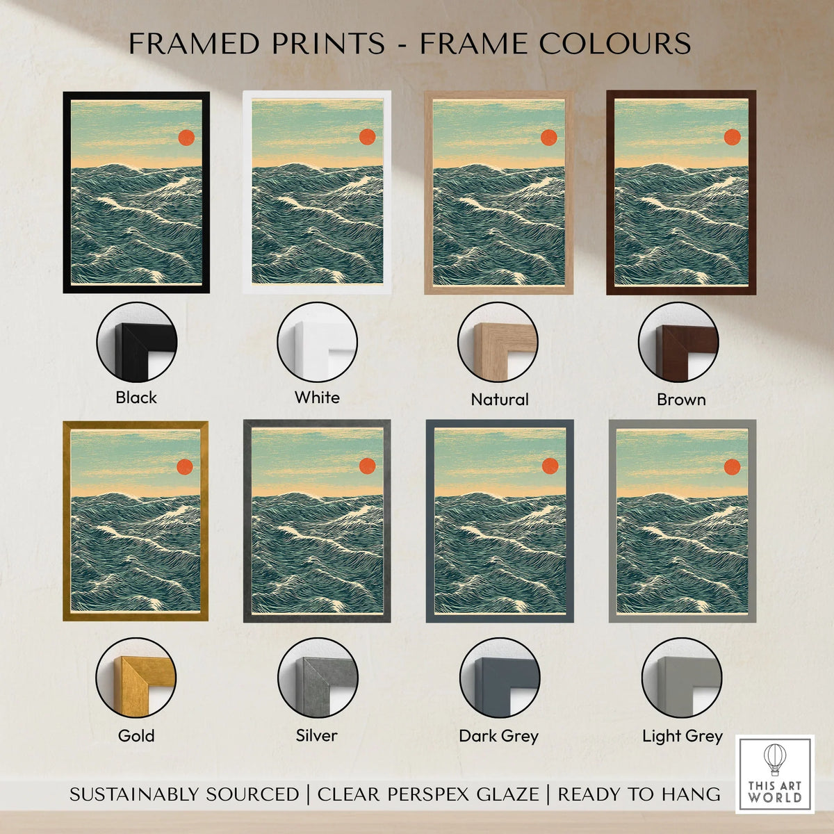 Red Sun Ocean Art Print – Japanese Seascape Wall Art — framed print colour options
