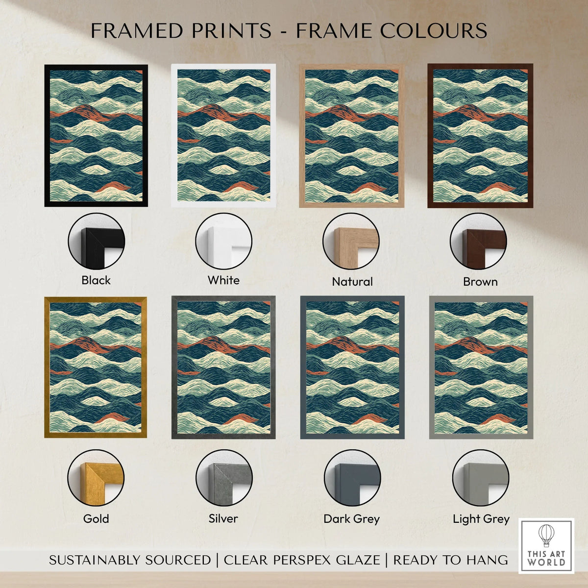 Linocut Style Ocean Art Print – Japanese Wave Pattern Wall Art — framed print colour options
