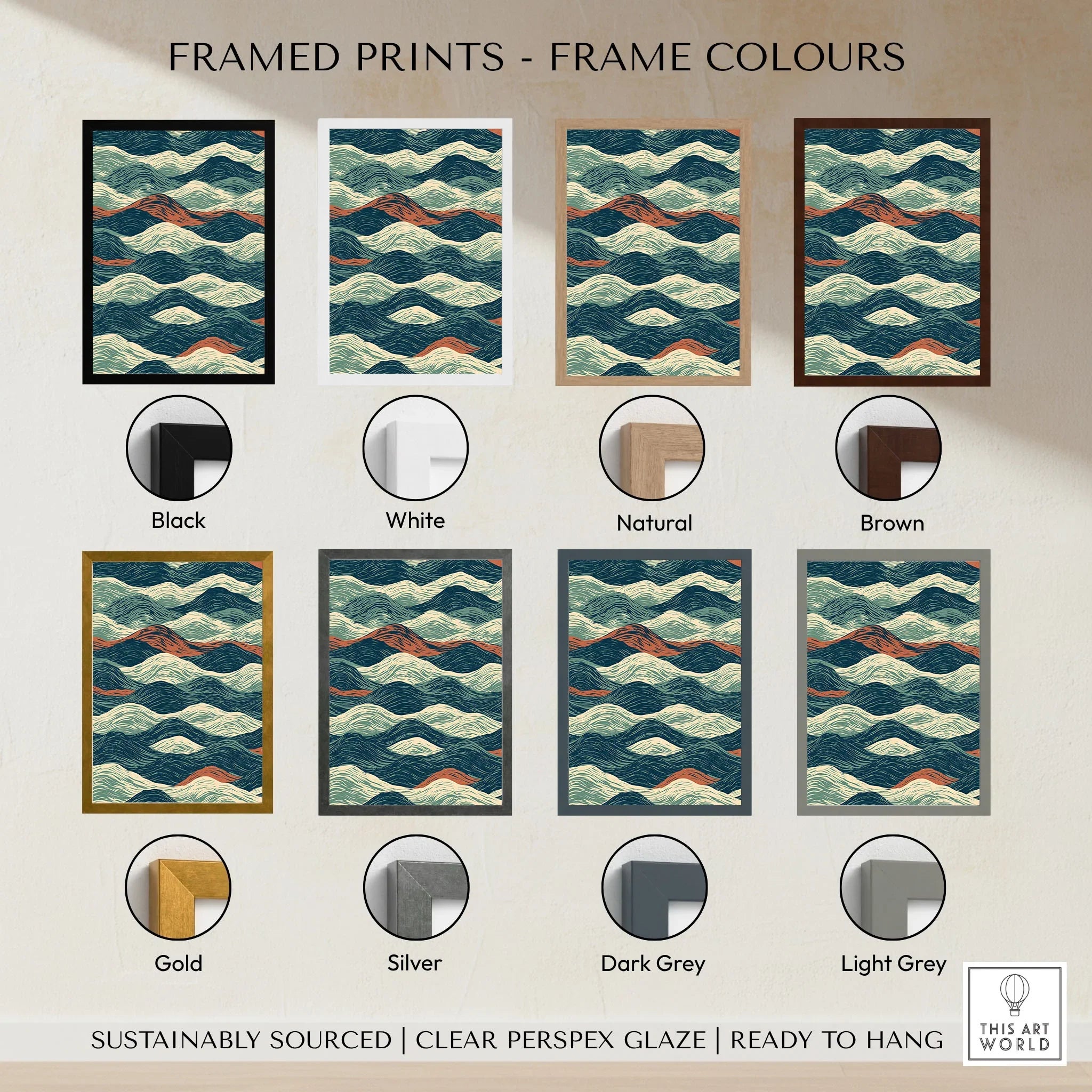 Linocut Style Ocean Art Print – Japanese Wave Pattern Wall Art — framed print colour options