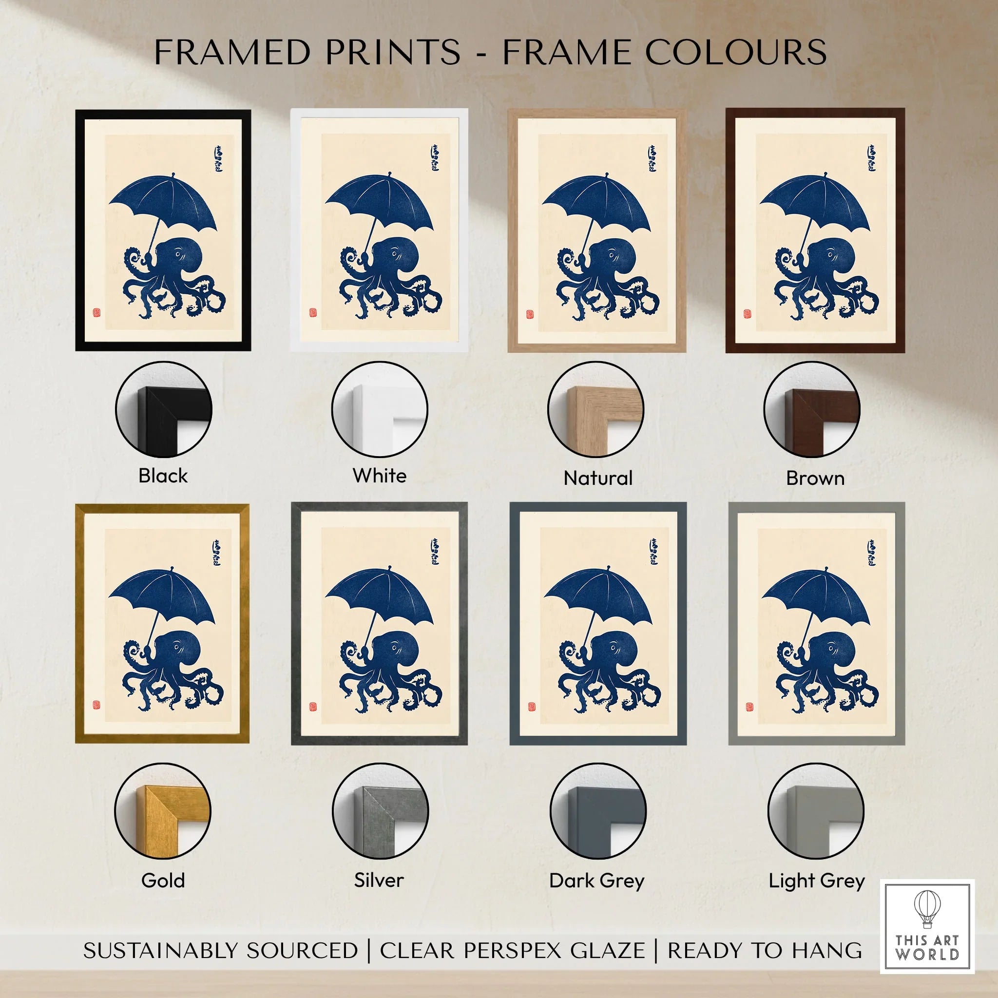 Octopus with Umbrella Art Print – Blue Japanese Wall Art — framed print colour options