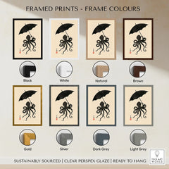 Octopus Umbrella Wall Art – Black Japanese Woodblock Print — framed print colour options