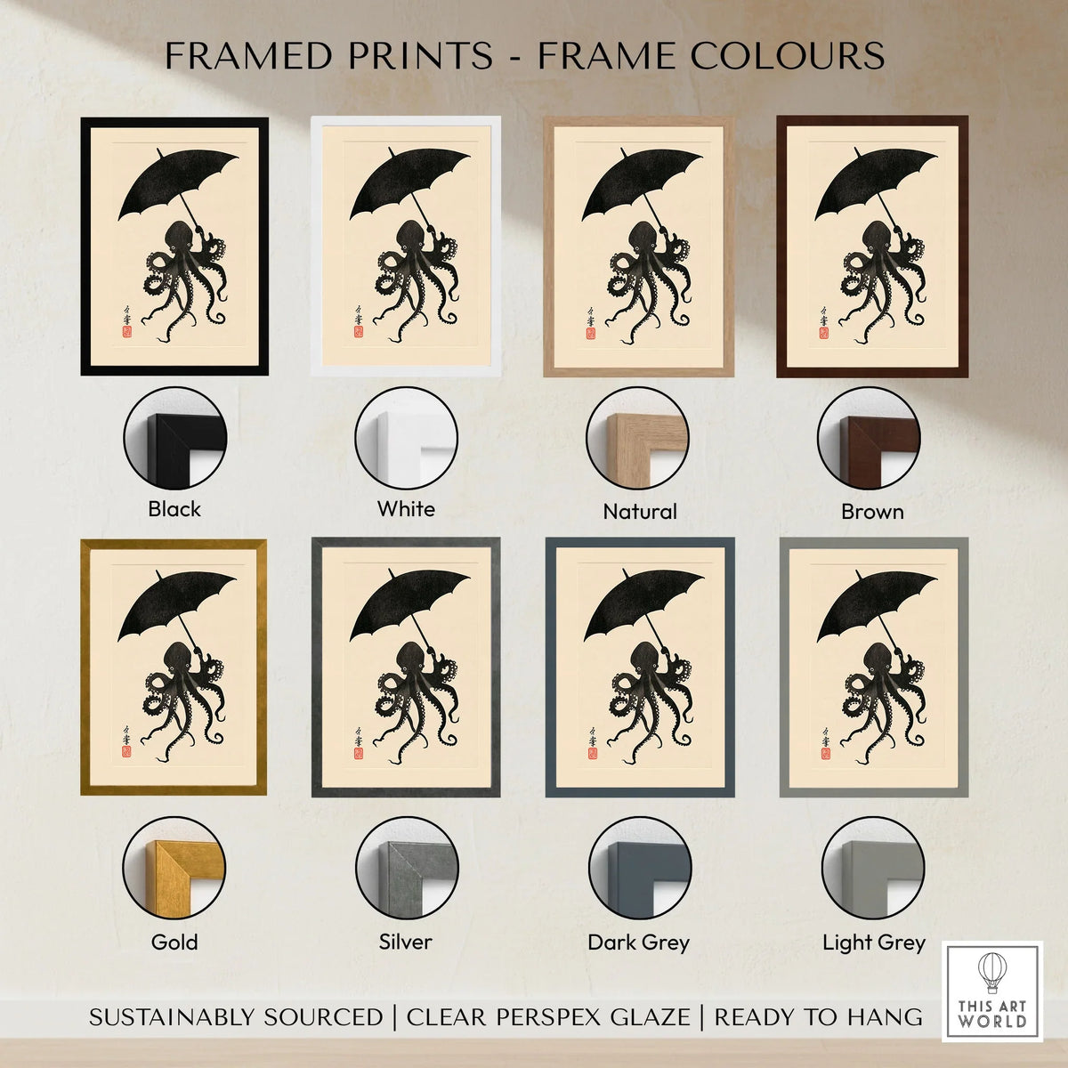 Octopus Umbrella Wall Art – Black Japanese Woodblock Print — framed print colour options