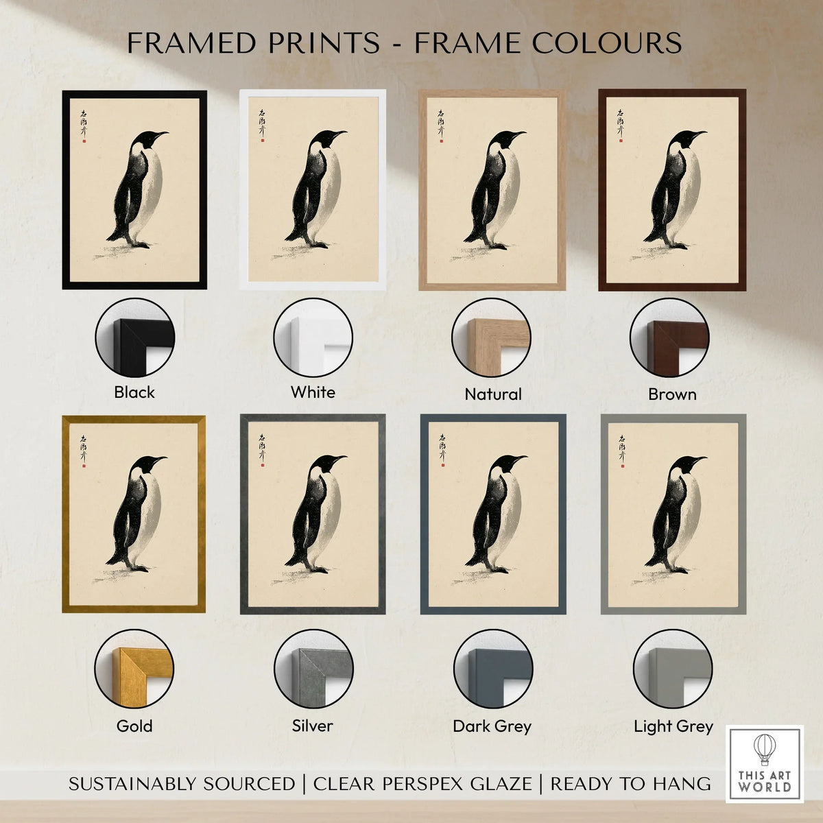 Penguin Art Print – Japanese Ink Wall Art — framed print colour options