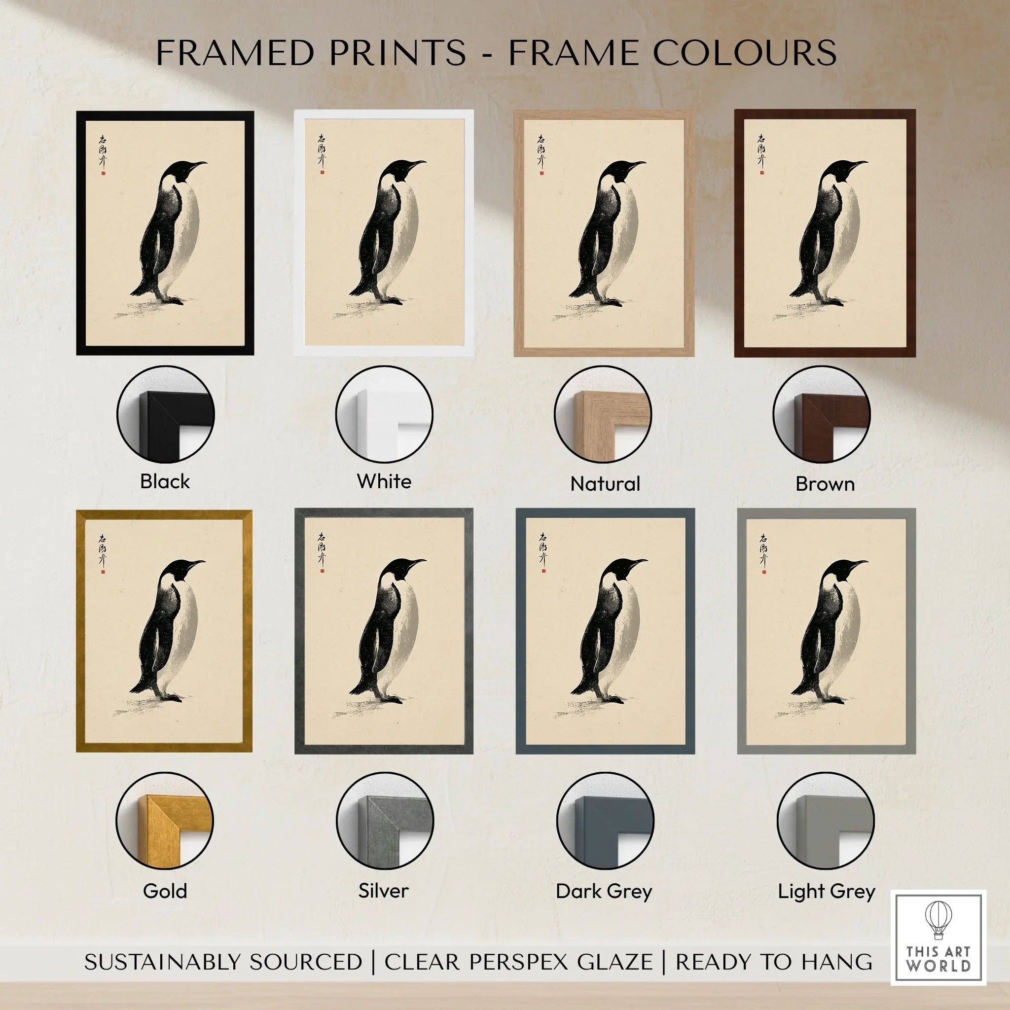 Penguin Art Print – Japanese Ink Wall Art — framed print colour options