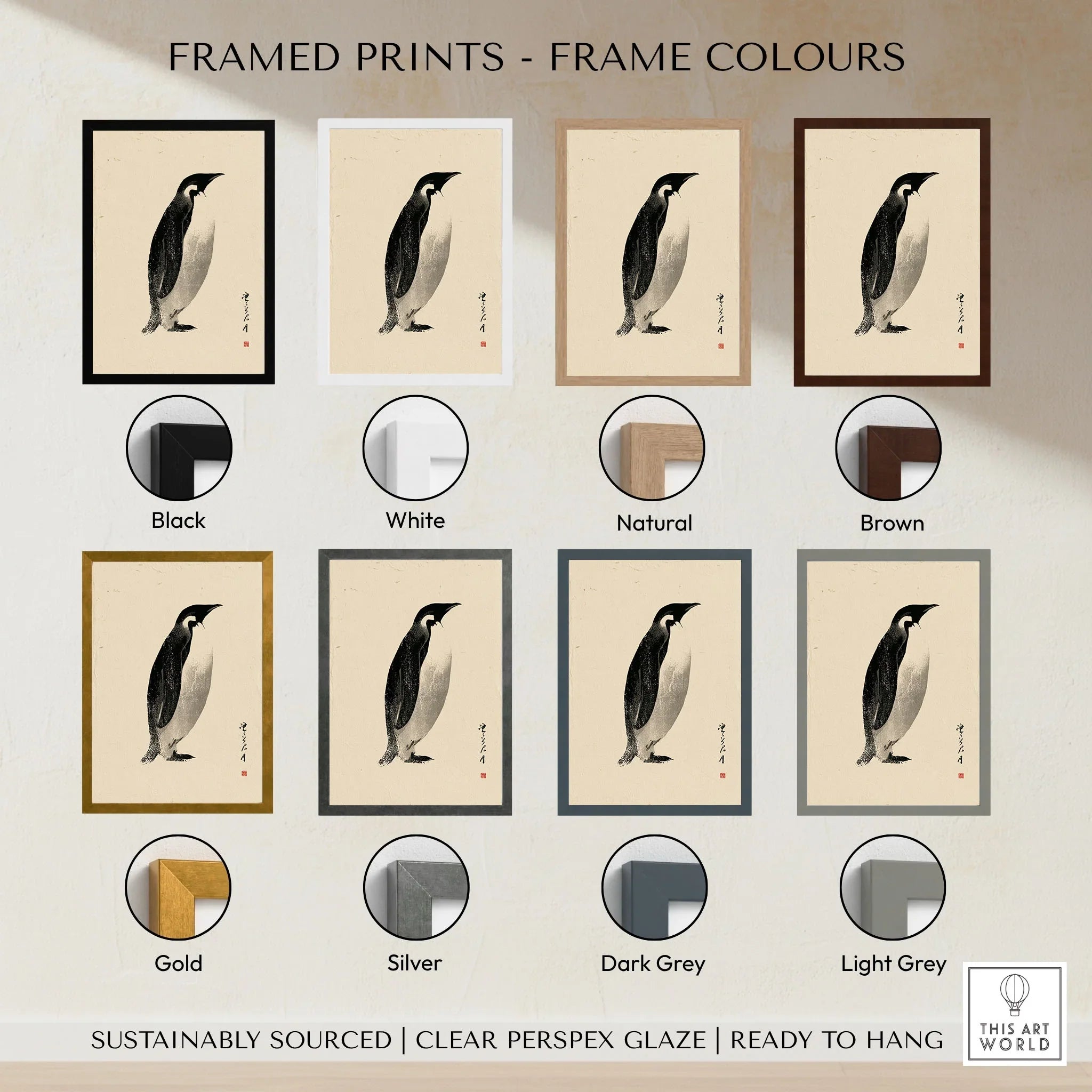 Emperor Penguin Wall Art – Vintage Japanese Ink Print — framed print colour options