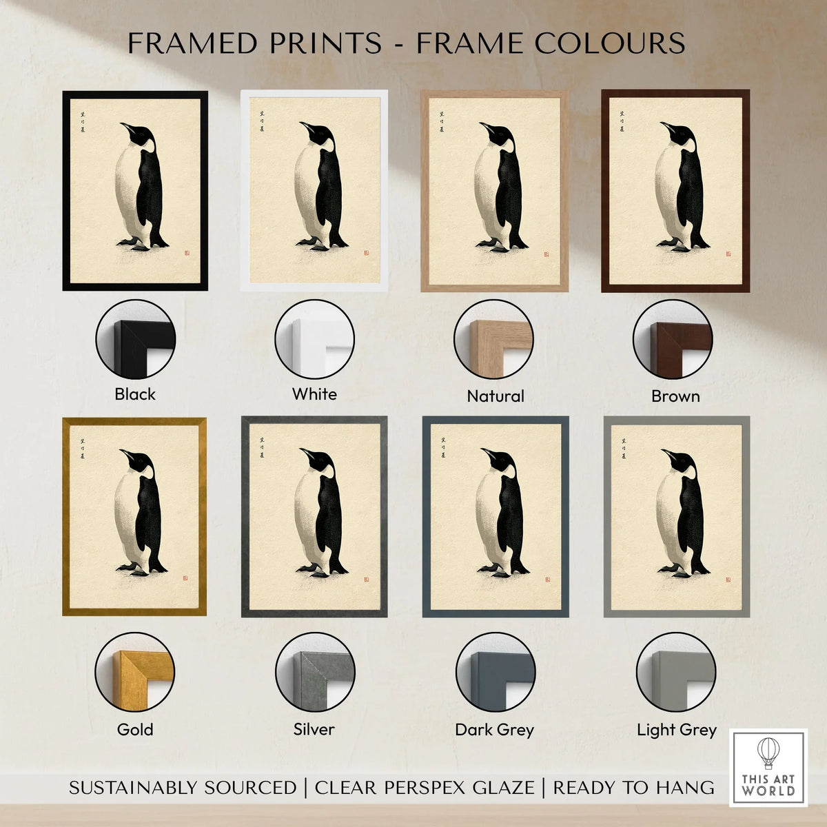 Penguin Wall Art – Minimalist Japanese Ink Art Print — framed print colour options