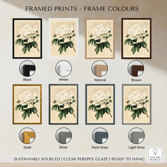 White Peony Art Print – Vintage Japanese Botanical Wall Art — framed print colour options