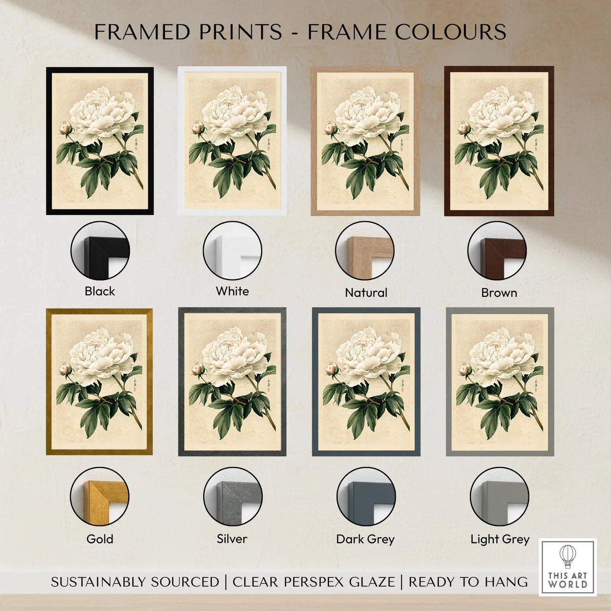 White Peony Art Print – Vintage Japanese Botanical Wall Art — framed print colour options