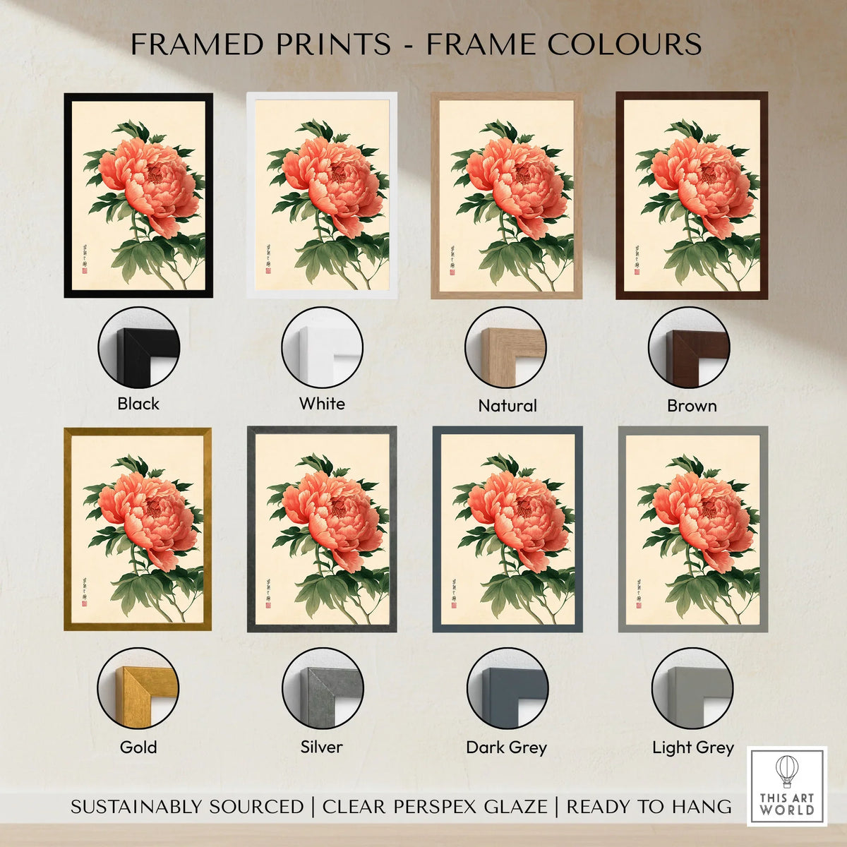 Coral Peony Art Print – Japanese Botanical Wall Art — framed print colour options