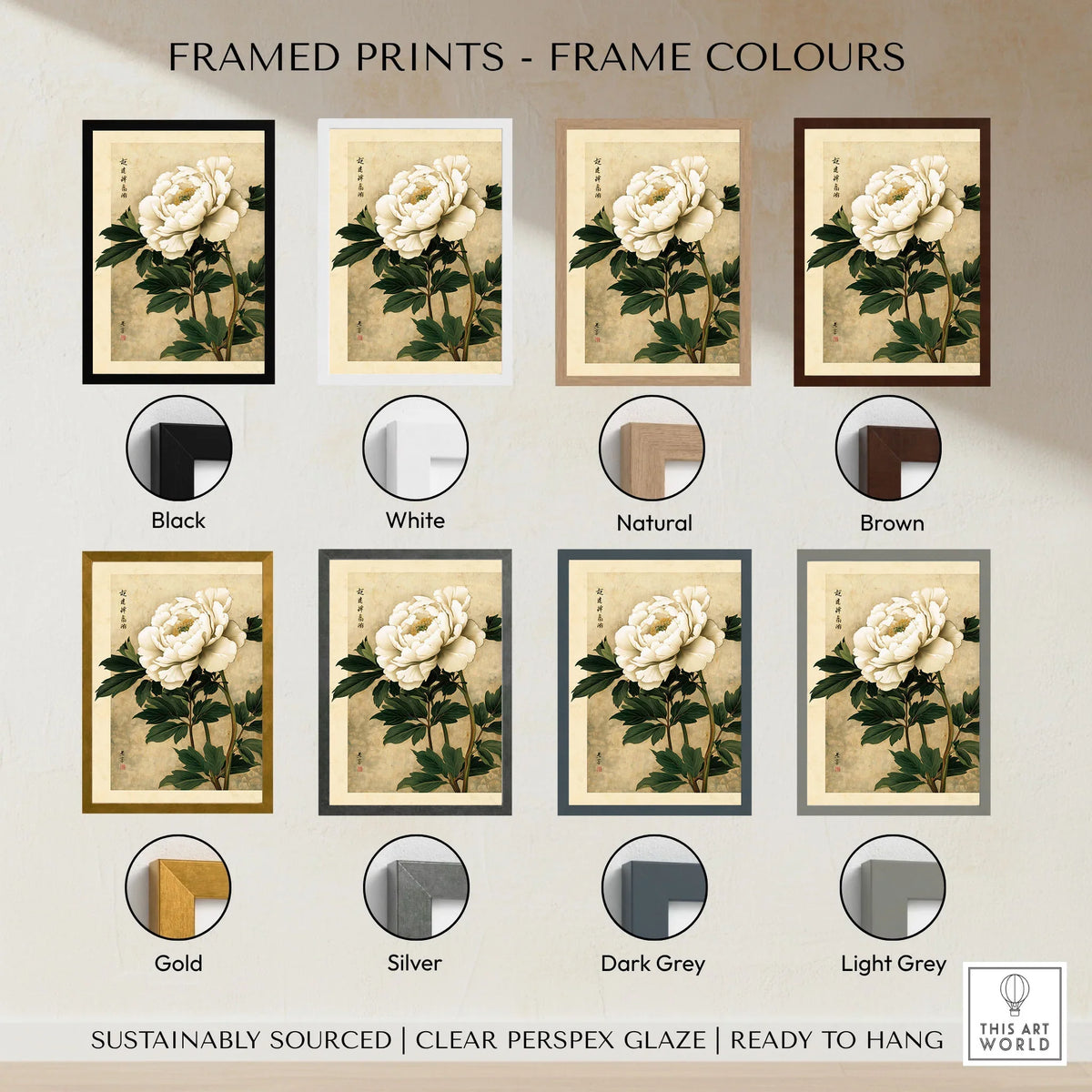 Peony Wall Art – Vintage Japanese Flower Print — framed print colour options