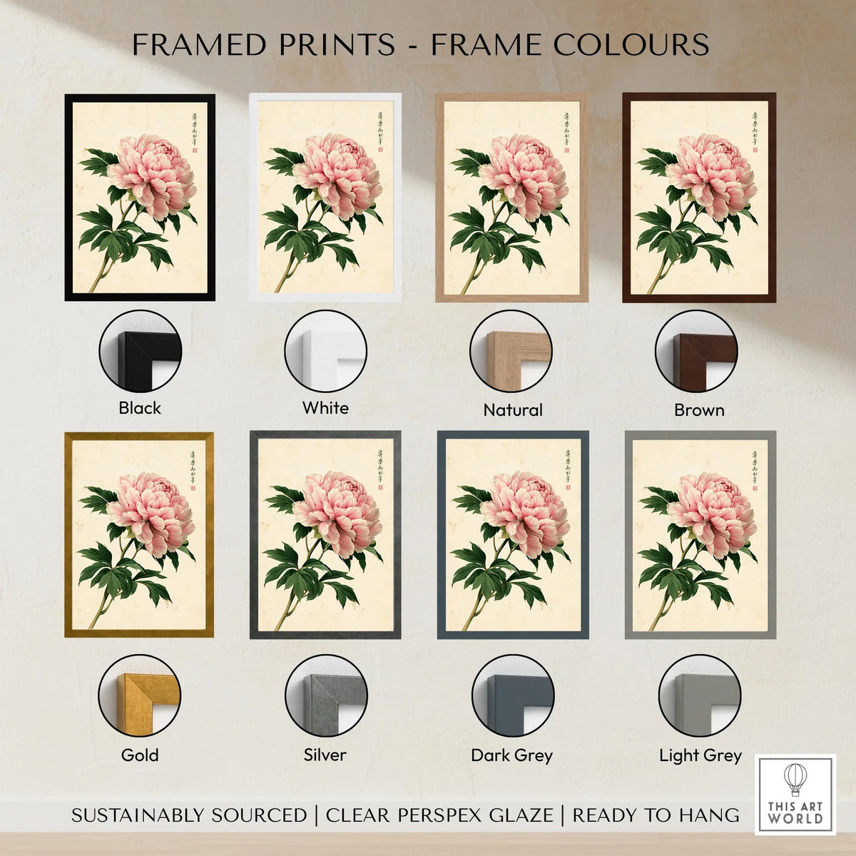 Pink Peony Art Print – Japanese Botanical Wall Art — framed print colour options