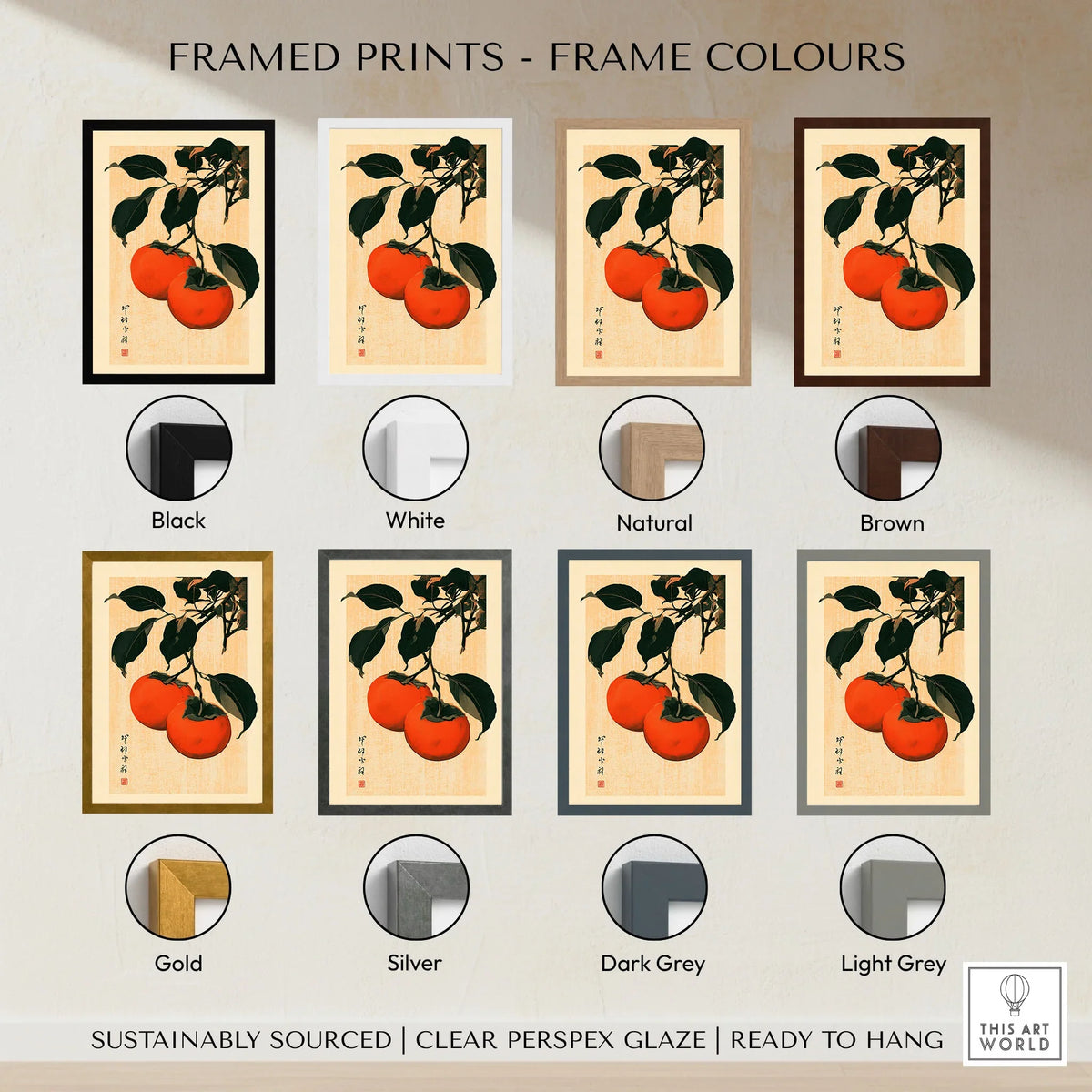Persimmon Art Print – Japanese Botanical Kitchen Wall Art — framed print colour options