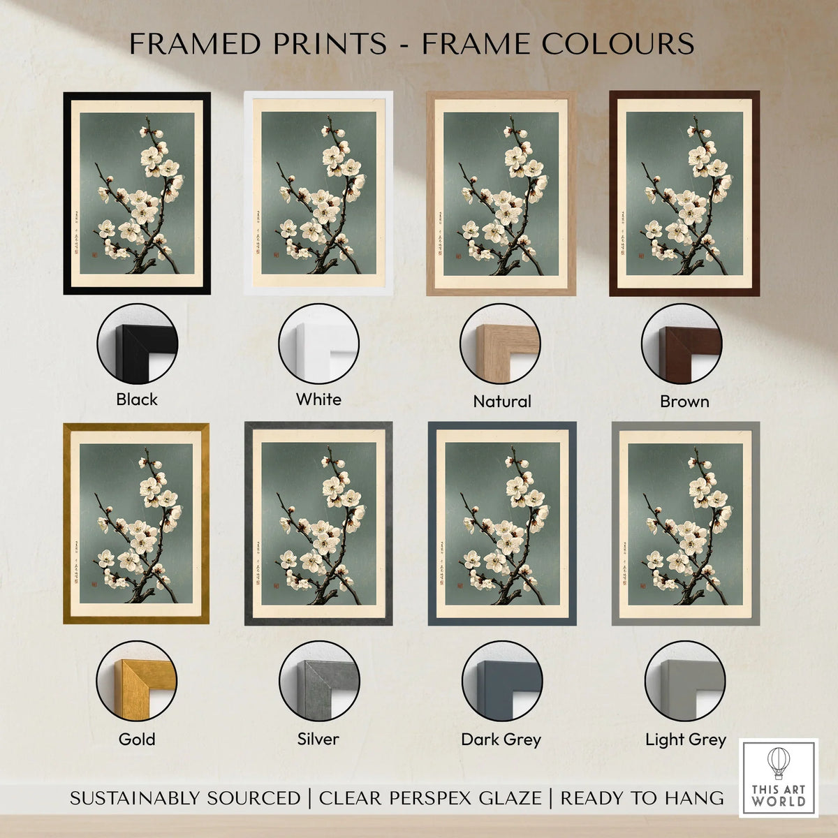 White Plum Blossom Art Print – Japanese Botanical Wall Art — framed print colour options