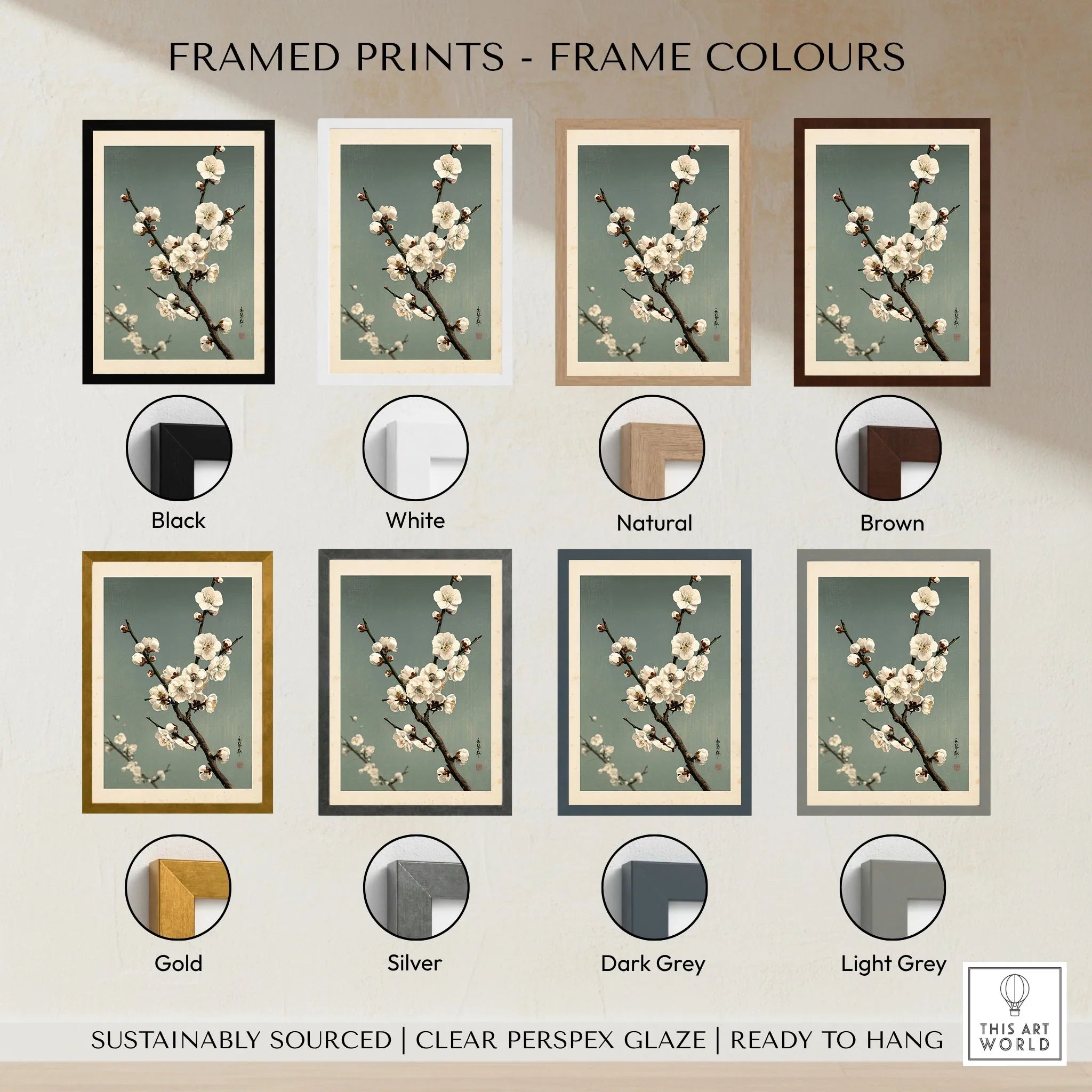 Plum Blossom Wall Art – Vintage Japanese Botanical Print — framed print colour options