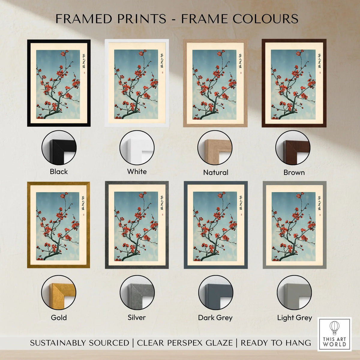 Red Plum Blossom Art Print – Blue Japanese Wall Art — framed print colour options