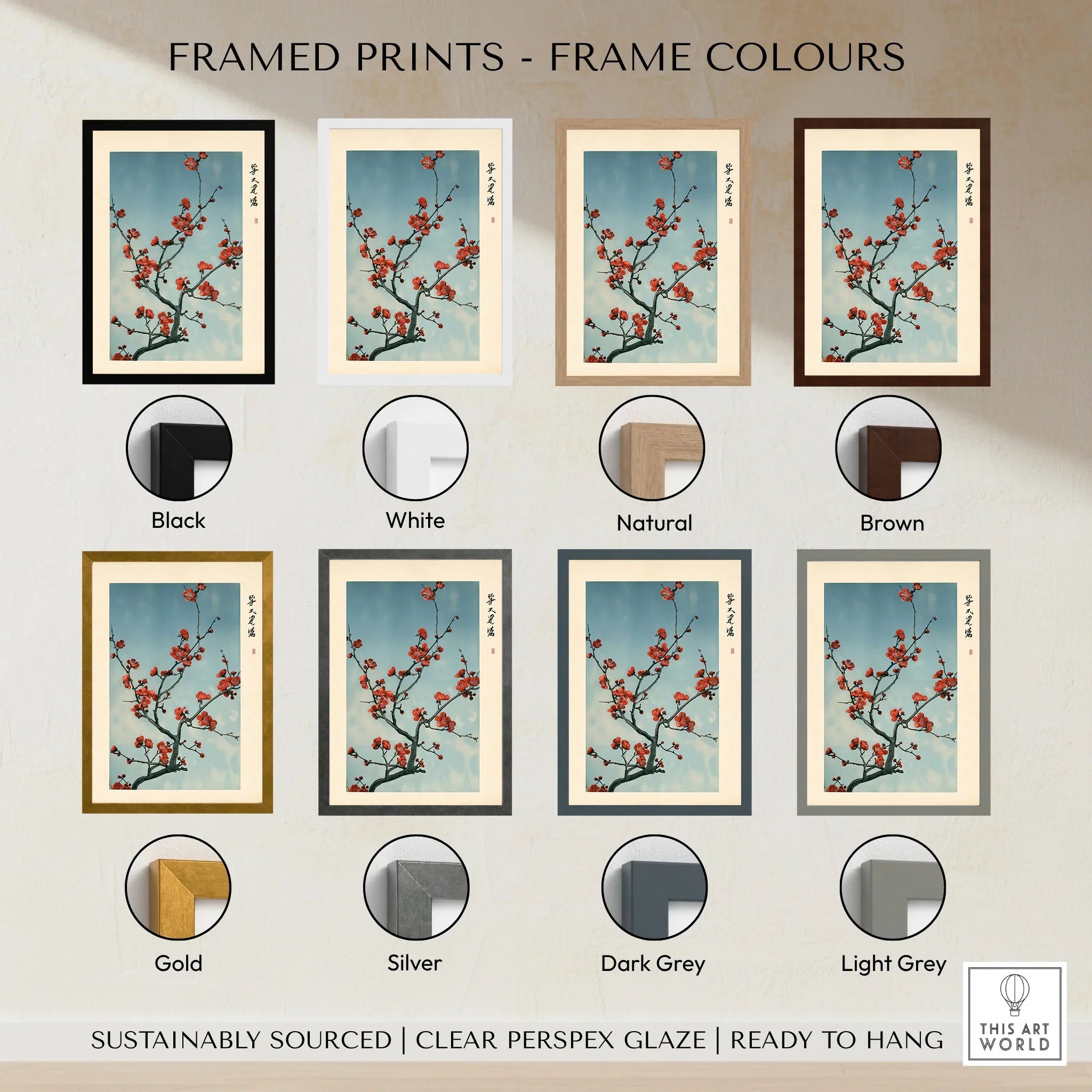 Red Plum Blossom Art Print – Blue Japanese Wall Art — framed print colour options