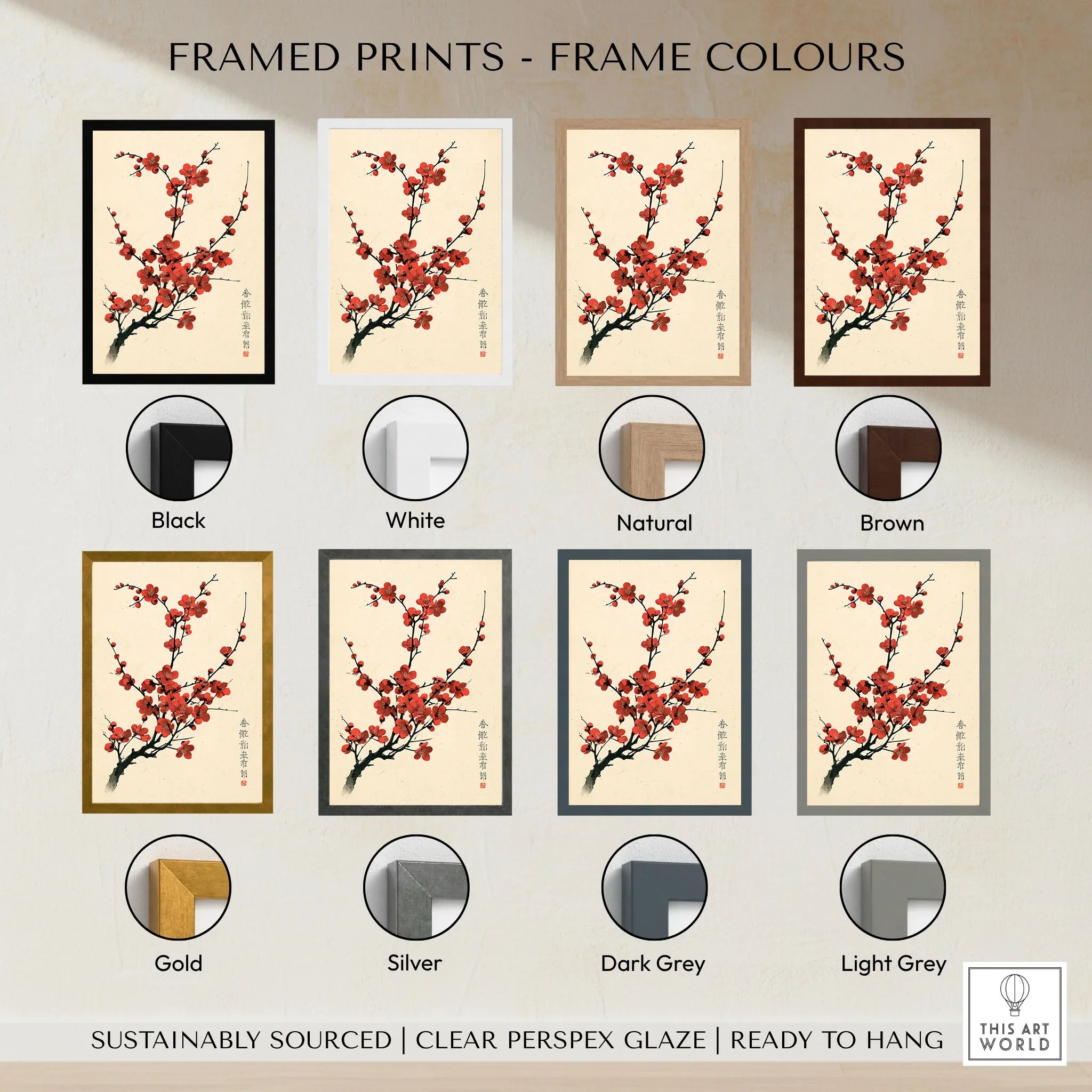 Red Blossom Art Print – Vintage Japanese Plum Wall Art — framed print colour options