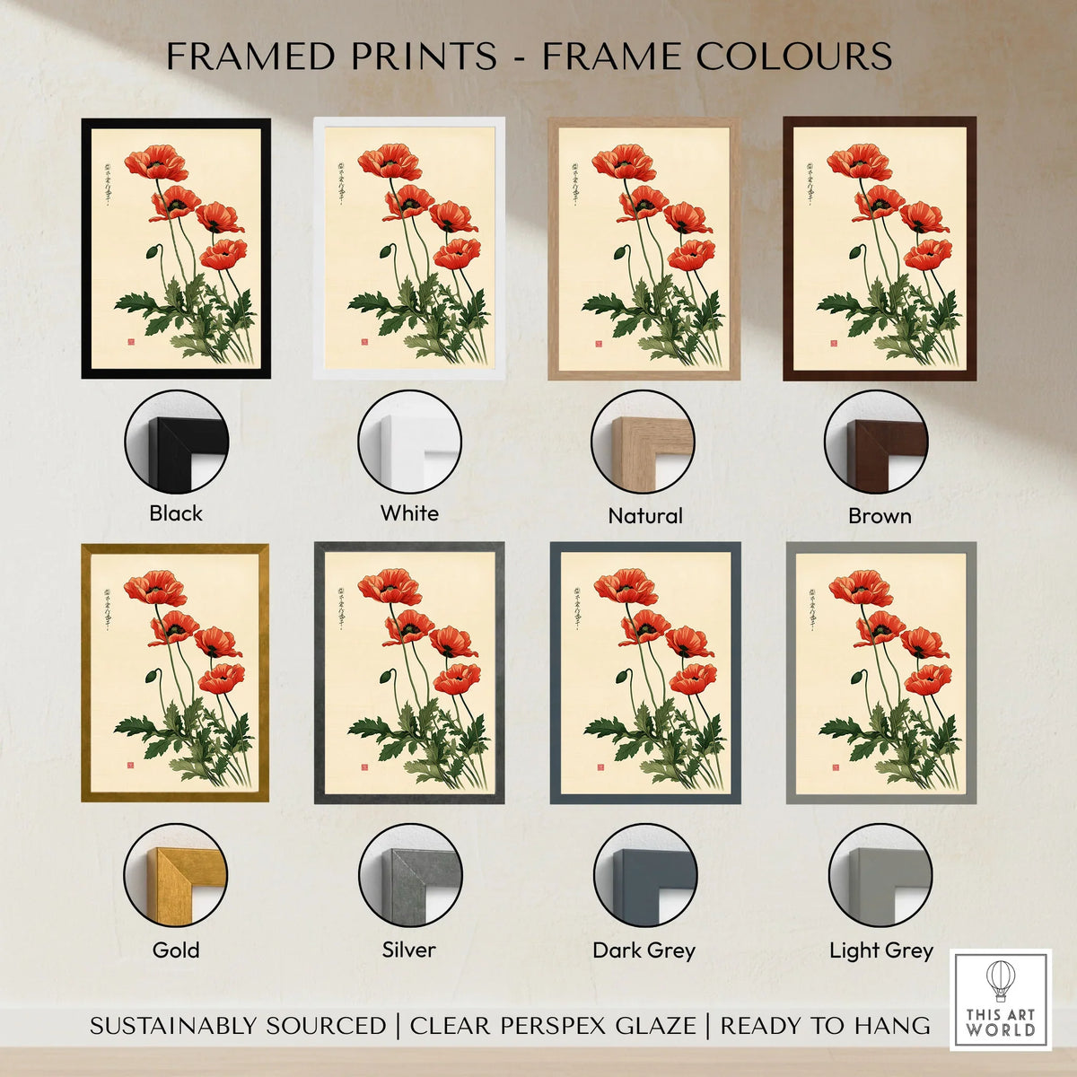 Poppy Wall Art – Vintage Japanese Botanical Print — framed print colour options