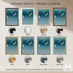 Sailing Boats Art Print – Blue Japanese Coastal Wall Art — framed print colour options