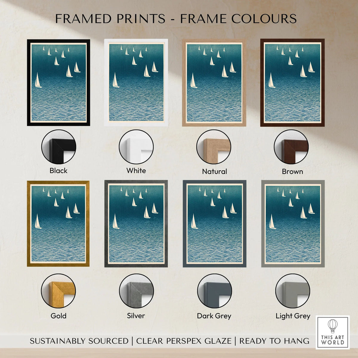 Sailing Boats Art Print – Blue Japanese Coastal Wall Art — framed print colour options