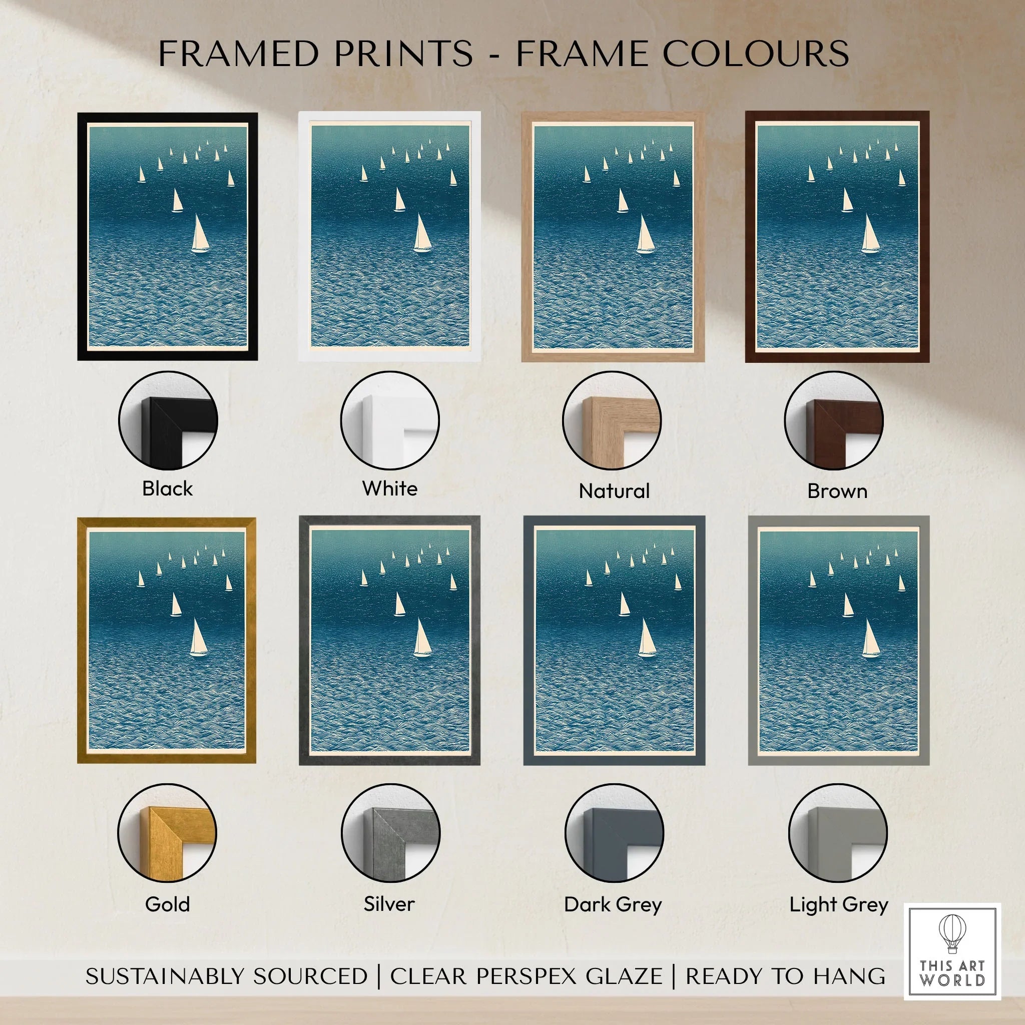 Sailboat Wall Art – Japanese Blue Ocean Print — framed print colour options