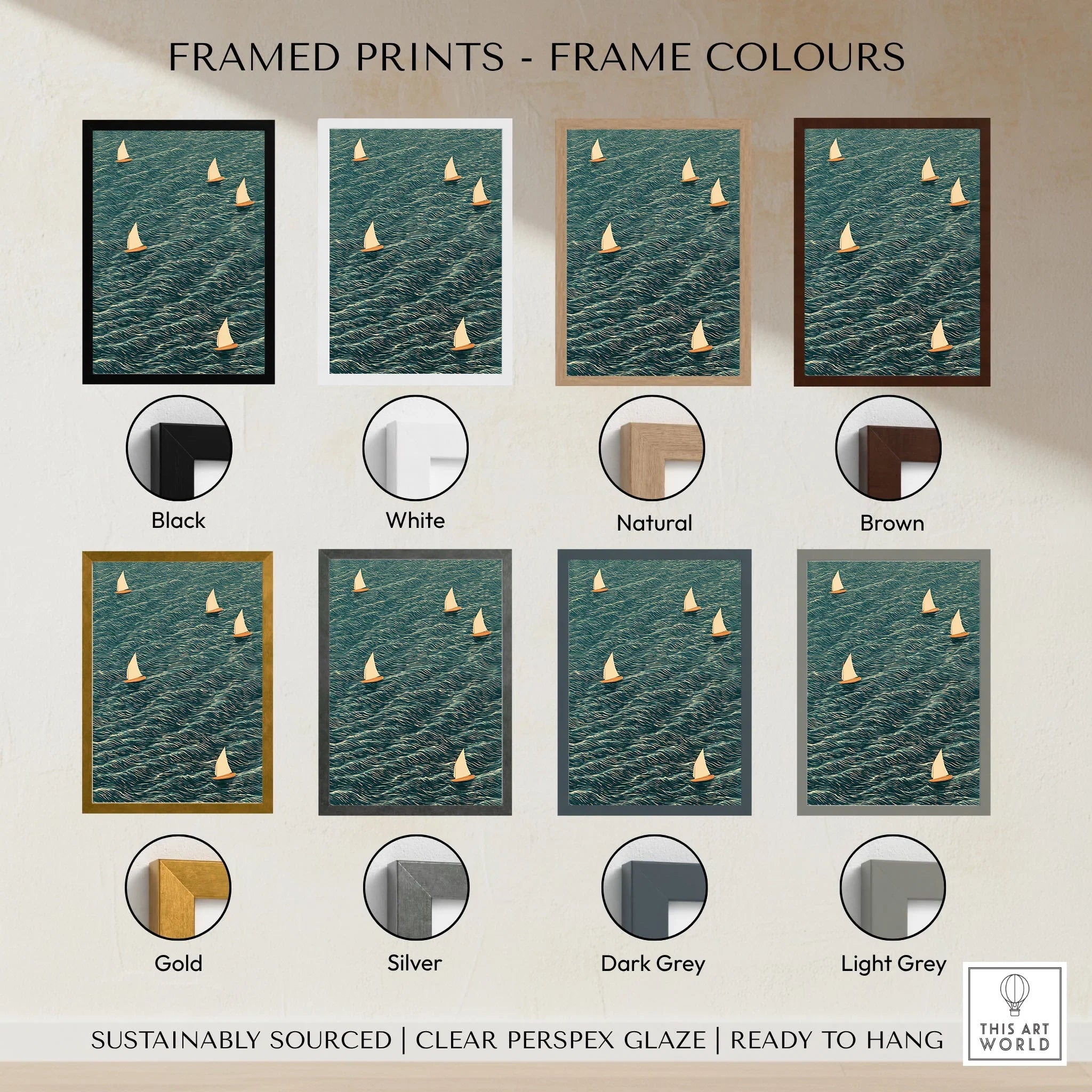 Sailing Boats Wall Art – Vintage Japanese Coastal Print — framed print colour options