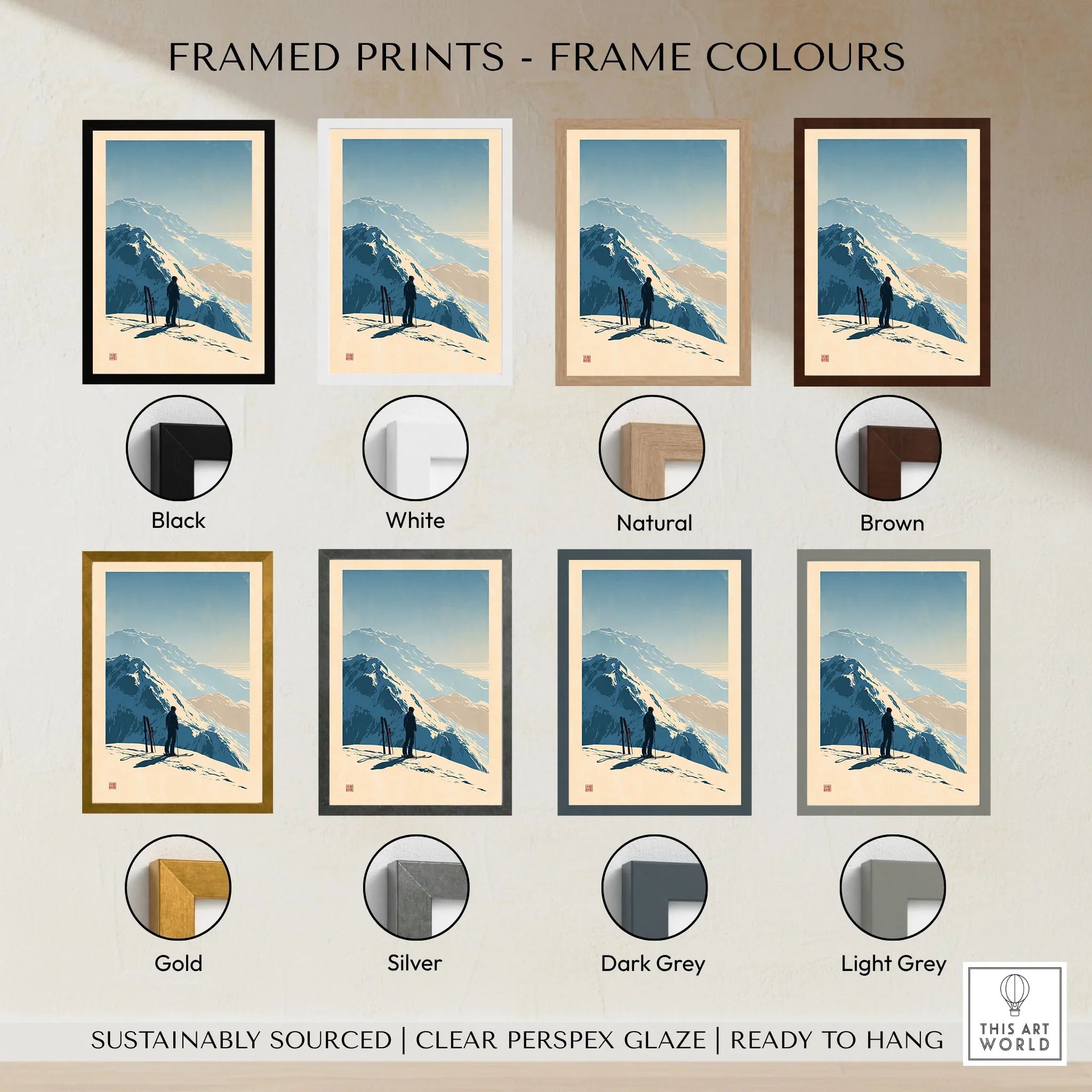 Ski Touring Art Print – Vintage Alpine Poster Wall Art — framed print colour options