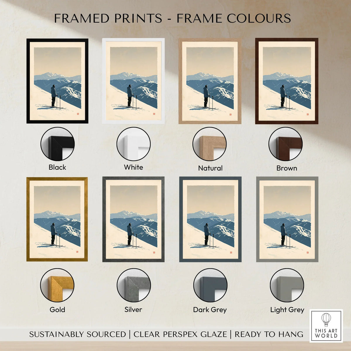 Ski Poster – Vintage Mountain Skier Wall Art — framed print colour options