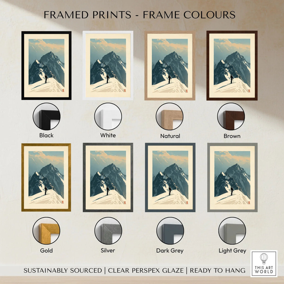 Ski Mountaineering Print – Vintage Alpine Summit Wall Art — framed print colour options