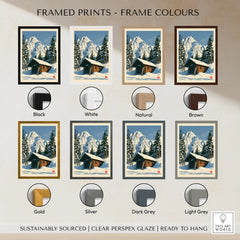 Ski Cabin Art Print – Vintage Alpine Chalet Wall Art — framed print colour options