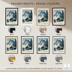 Ski Hut Poster – Vintage Alpine Cabin Wall Art — framed print colour options