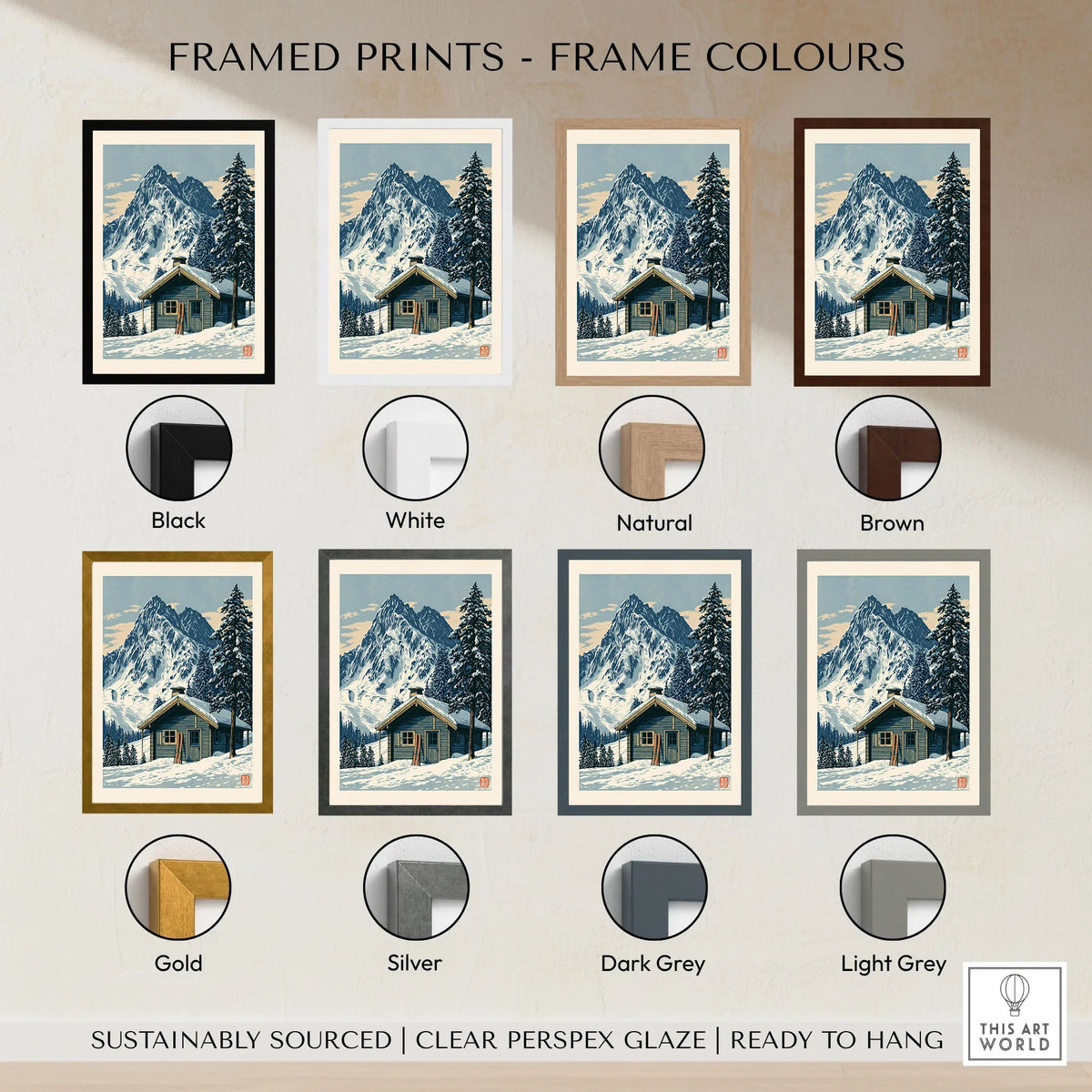 Ski Hut Poster – Vintage Alpine Cabin Wall Art — framed print colour options