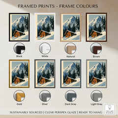 Log Cabin Ski Print – Vintage Alpine Lodge Wall Art — framed print colour options