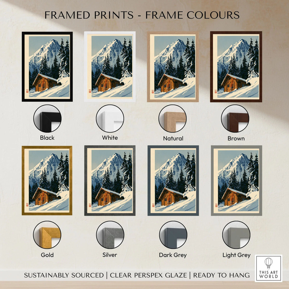 Log Cabin Ski Print – Vintage Alpine Lodge Wall Art — framed print colour options