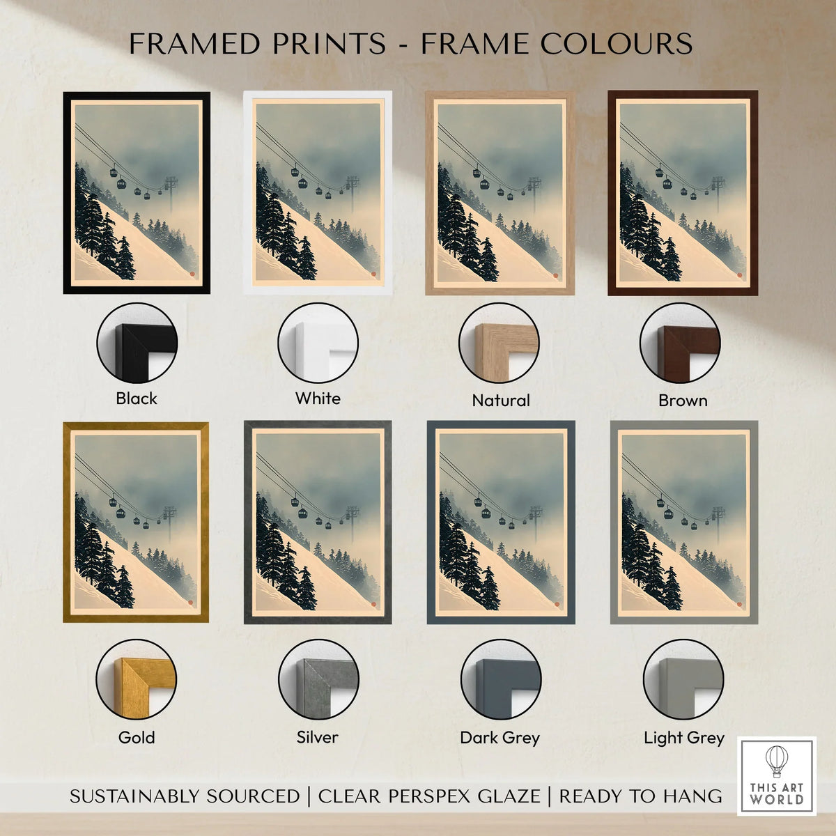 Misty Ski Lift Art Print – Vintage Alpine Gondola Wall Art — framed print colour options