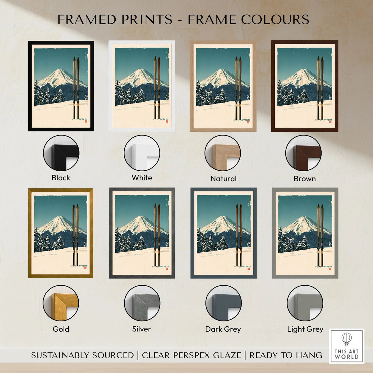 Mount Fuji Ski Poster – Vintage Japanese Alpine Print — framed print colour options